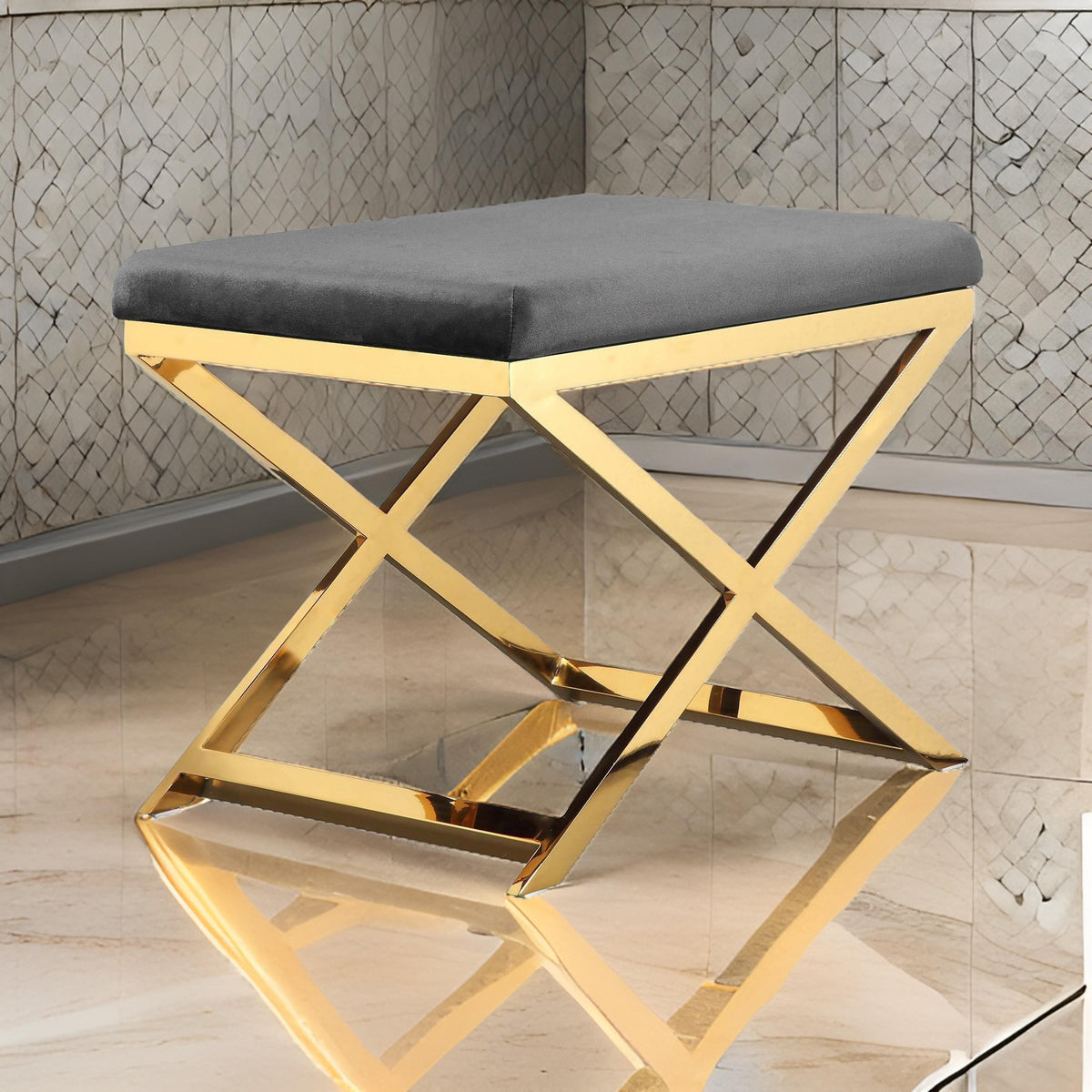 Sovi 24 Inch Accent Stool Ottoman Bench, Cushioned Gray Velvet, Gold X Base - BM314999