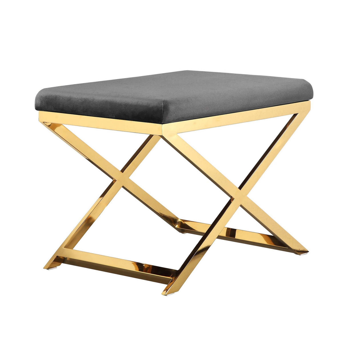 Sovi 24 Inch Accent Stool Ottoman Bench, Cushioned Gray Velvet, Gold X Base - BM314999