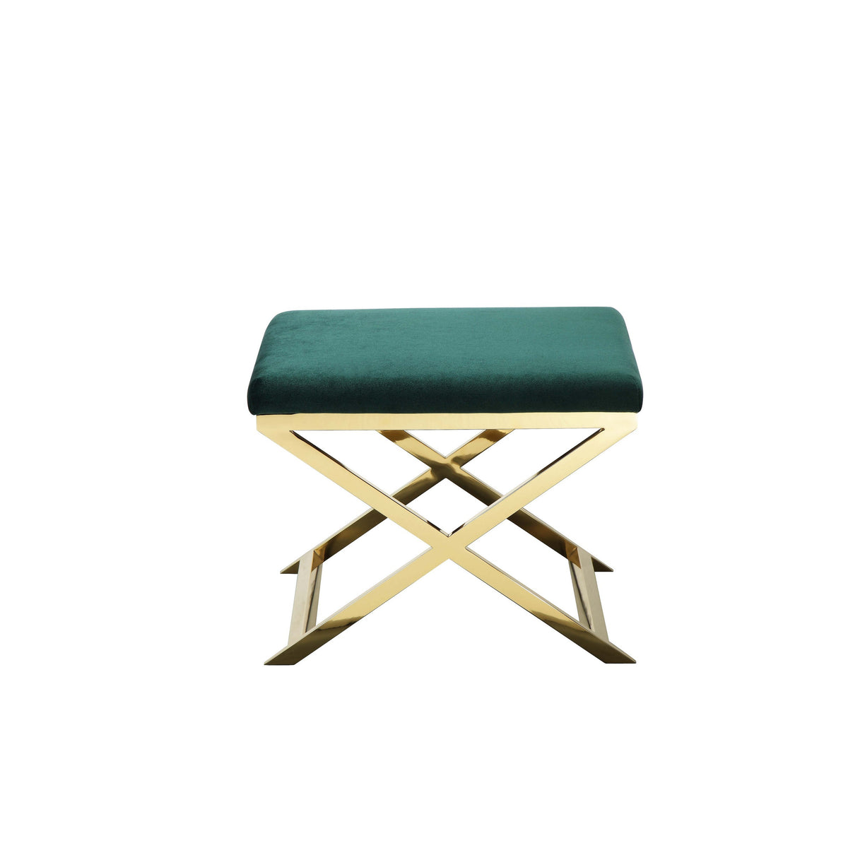 Sovi 24 Inch Accent Stool Ottoman Bench, Plush Green Velvet, Gold X Base - BM315000