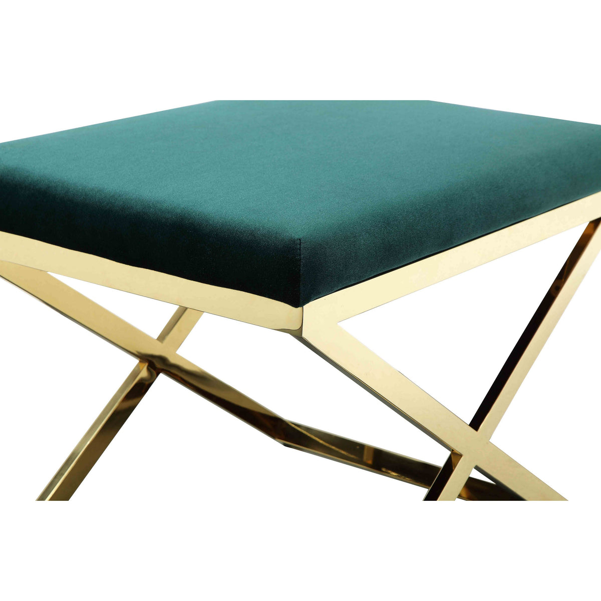 Sovi 24 Inch Accent Stool Ottoman Bench, Plush Green Velvet, Gold X Base - BM315000