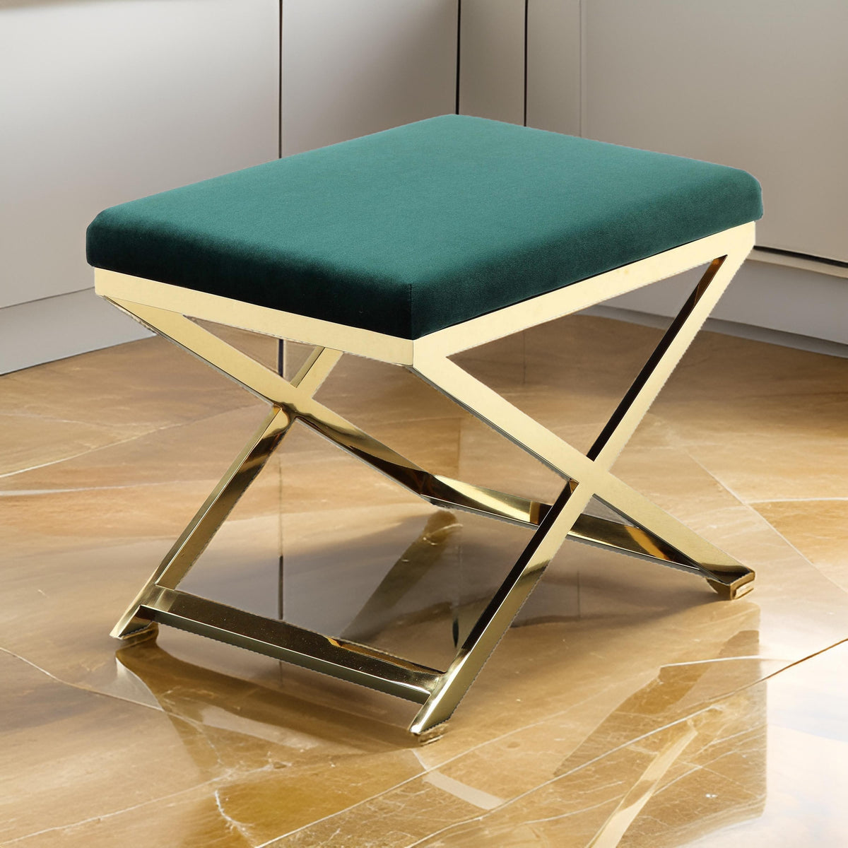 Sovi 24 Inch Accent Stool Ottoman Bench, Plush Green Velvet, Gold X Base - BM315000