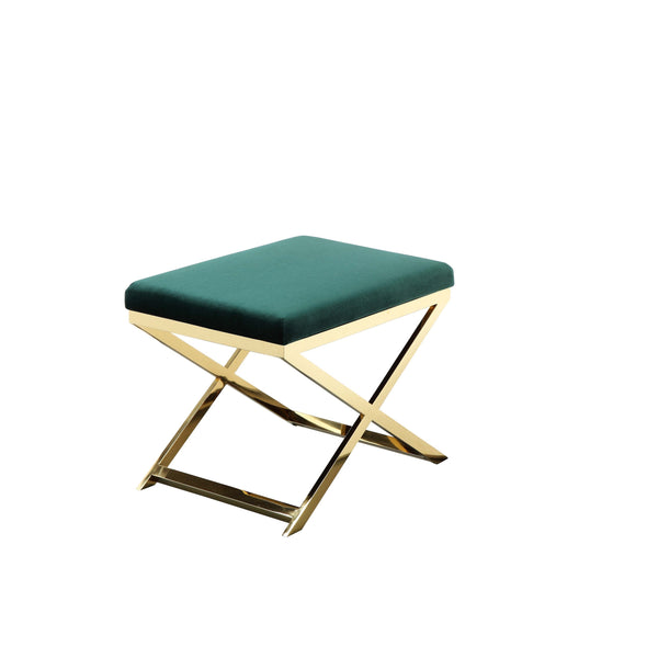 Sovi 24 Inch Accent Stool Ottoman Bench, Plush Green Velvet, Gold X Base - BM315000