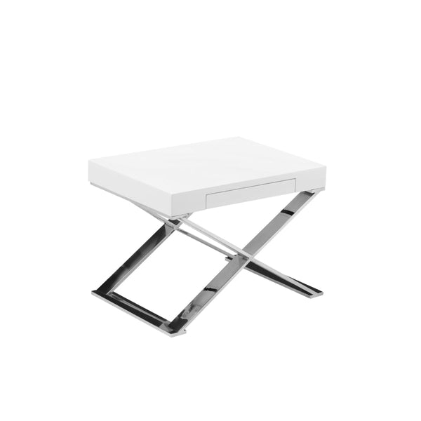 Rix 21 Inch Side End Table, 1 Drawer, X Shape Steel Legs, White Wood Top - BM315058