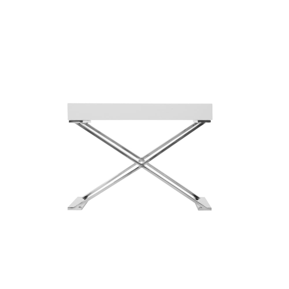 Rix 21 Inch Side End Table, 1 Drawer, X Shape Steel Legs, White Wood Top - BM315058