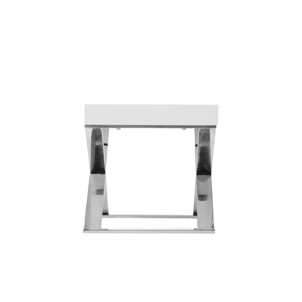 Rix 21 Inch Side End Table, 1 Drawer, X Shape Steel Legs, White Wood Top - BM315058