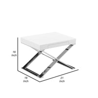 Rix 21 Inch Side End Table, 1 Drawer, X Shape Steel Legs, White Wood Top - BM315058