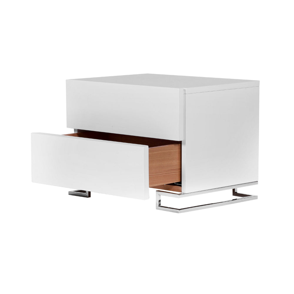 Sam 20 Inch Nightstand, 2 Drawers, White Wood, High Polished Metal Legs - BM315061