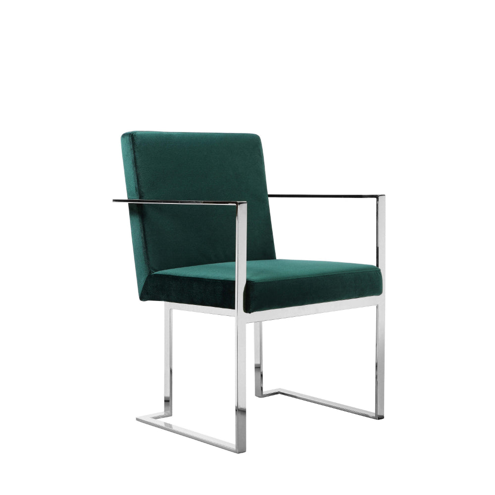 Boly 22 Inch Dining Armchair, Green Velvet, Cushions, Chrome Steel Frame - BM315102