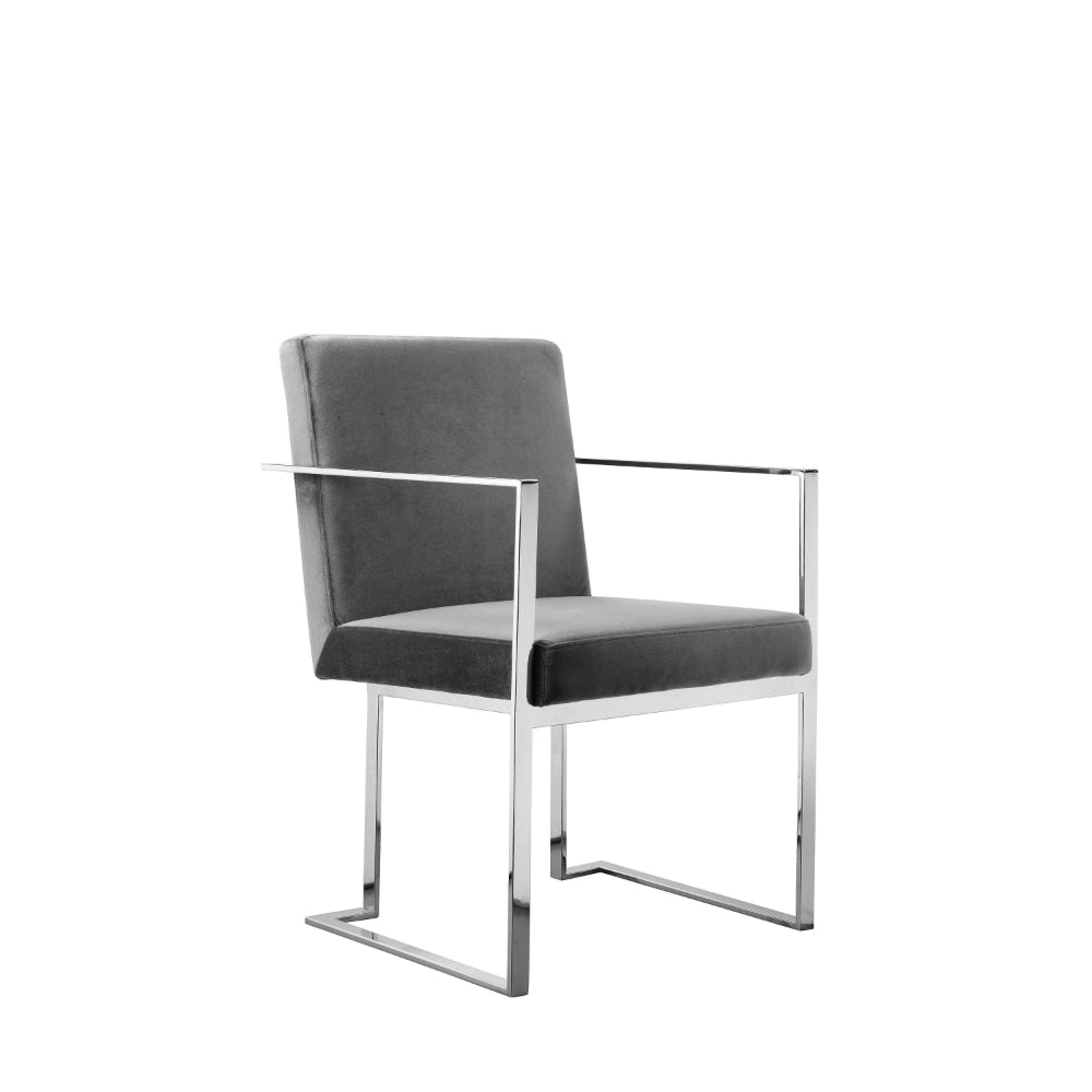 Boly 22 Inch Dining Armchair, Gray Velvet, Cushions, Chrome Steel Frame - BM315104