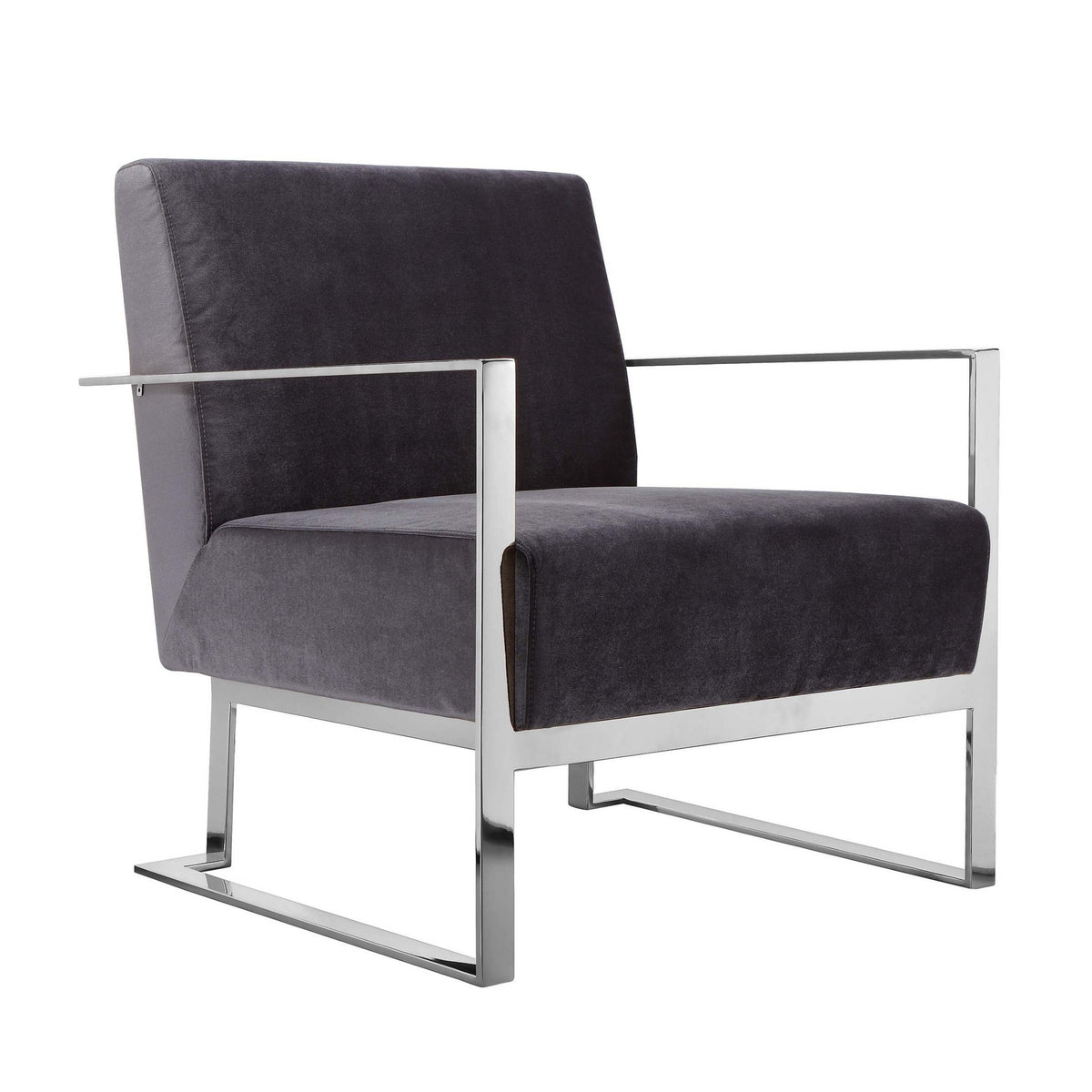 Boly 28 Inch Lounge Chair, Gray Velvet, Foam Cushions, Chrome Steel Base - BM315112