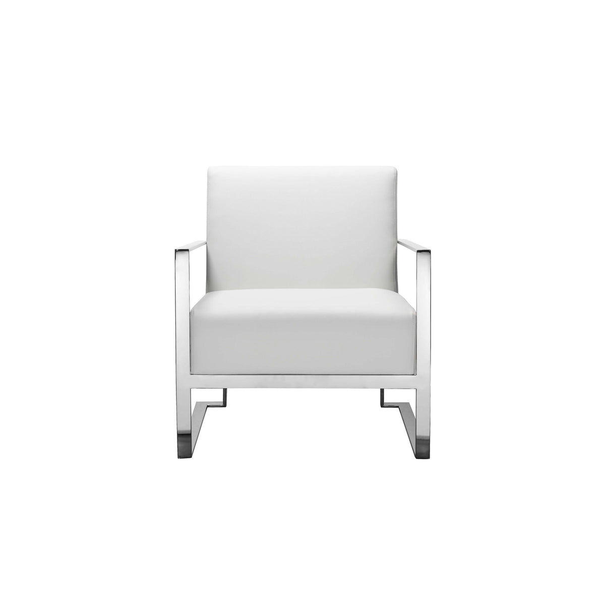 Boly 28 Inch Lounge Chair, White Faux Leather, Cushions, Chrome Steel Base - BM315116