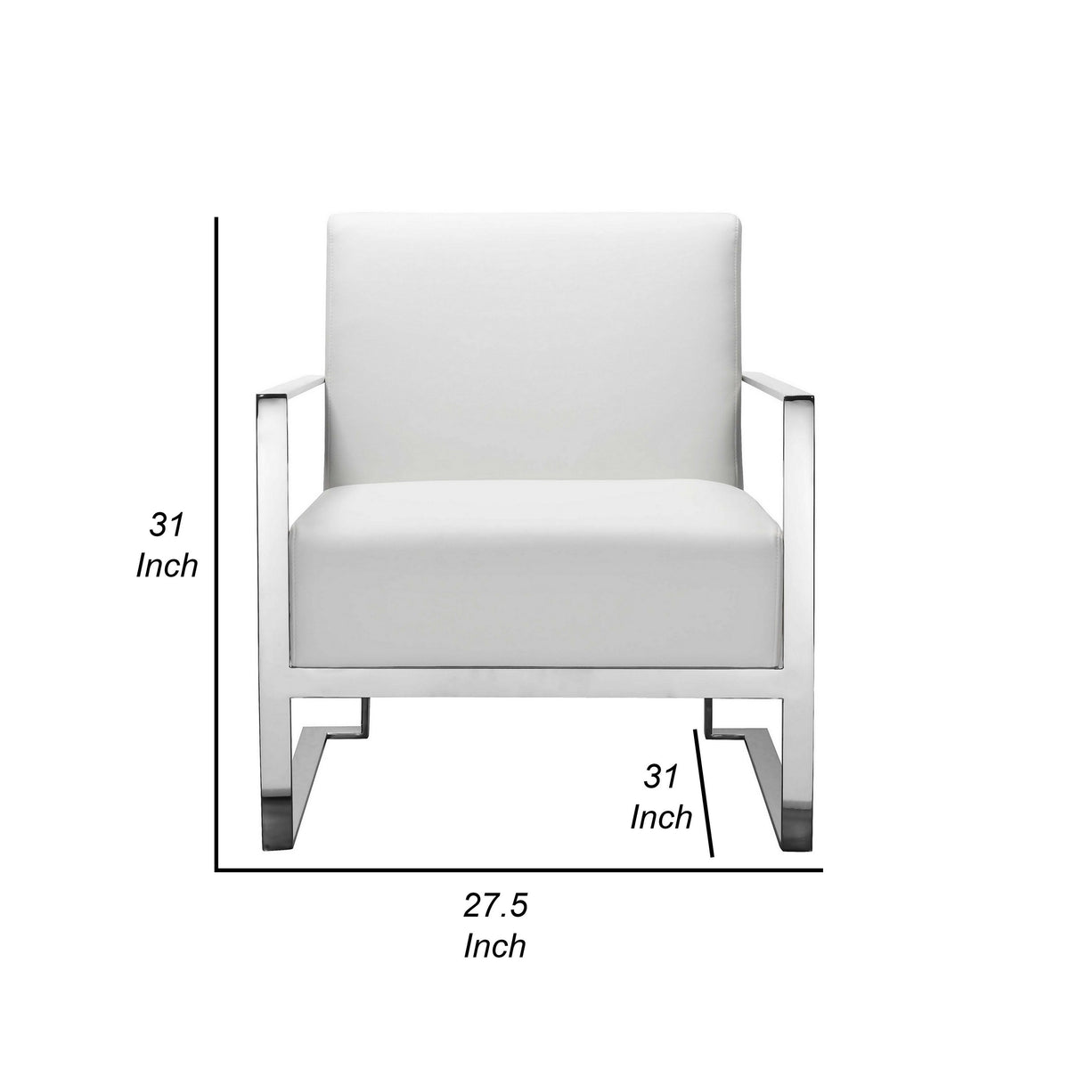 Boly 28 Inch Lounge Chair, White Faux Leather, Cushions, Chrome Steel Base - BM315116