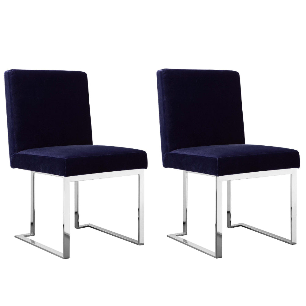 Boly 19 Inch Dining Chair, Set of 2, Navy Blue Velvet, Foam, Chrome Steel - BM315120