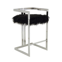 Suki 30 Inch Barstool Chair, Cushioned Black Faux Fur, Silver Cantilever - BM315138