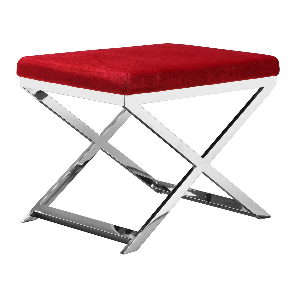 Sovi 24 Inch Stool Ottoman, Red Velvet Seat, Silver Finish Cross Frame  - BM315139