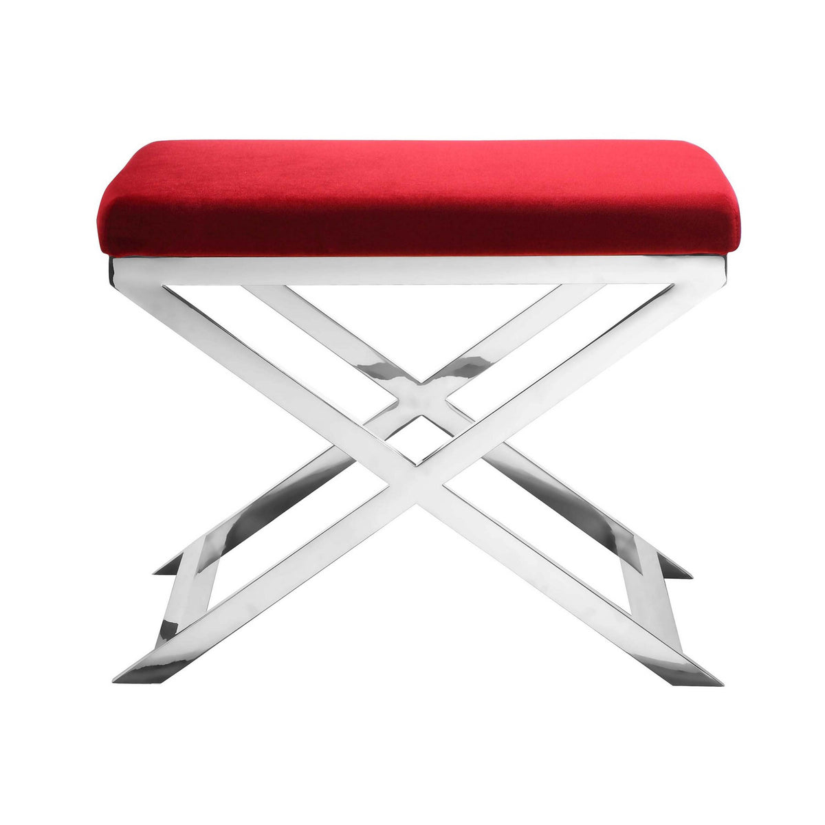 Sovi 24 Inch Stool Ottoman, Red Velvet Seat, Silver Finish Cross Frame  - BM315139