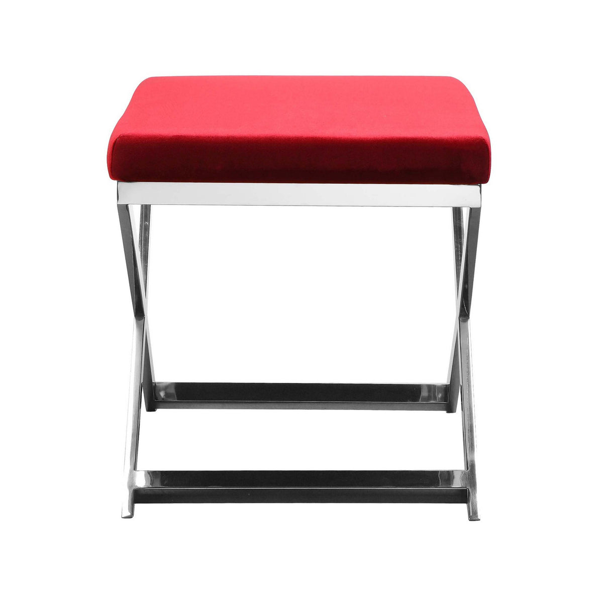 Sovi 24 Inch Stool Ottoman, Red Velvet Seat, Silver Finish Cross Frame  - BM315139