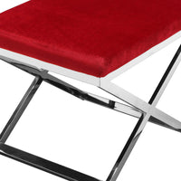 Sovi 24 Inch Stool Ottoman, Red Velvet Seat, Silver Finish Cross Frame  - BM315139