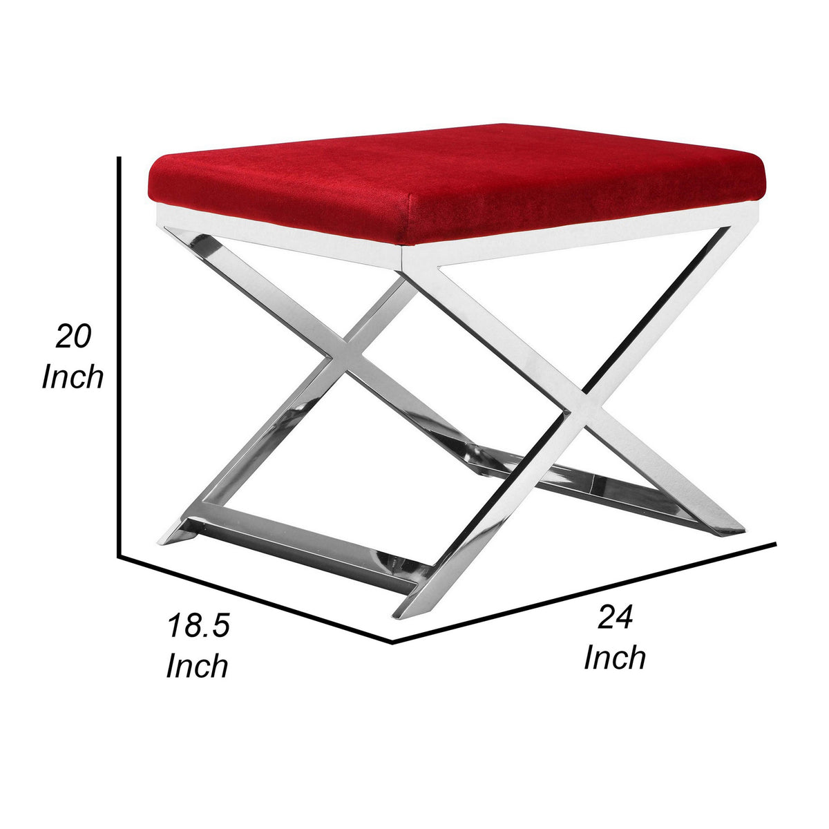 Sovi 24 Inch Stool Ottoman, Red Velvet Seat, Silver Finish Cross Frame  - BM315139