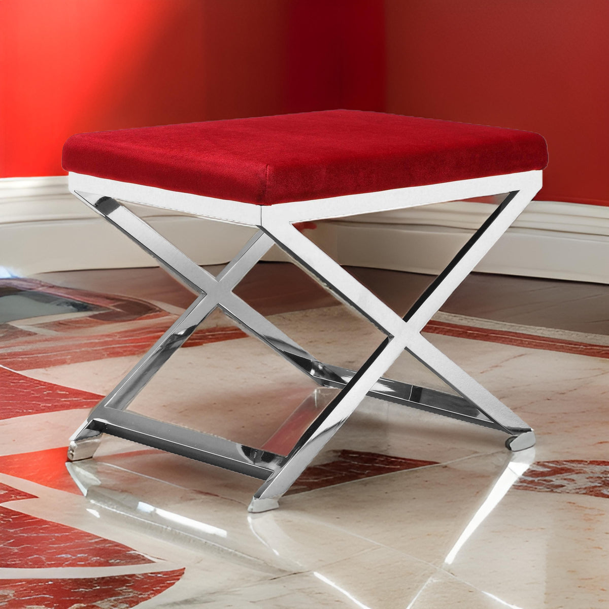 Sovi 24 Inch Stool Ottoman, Red Velvet Seat, Silver Finish Cross Frame  - BM315139