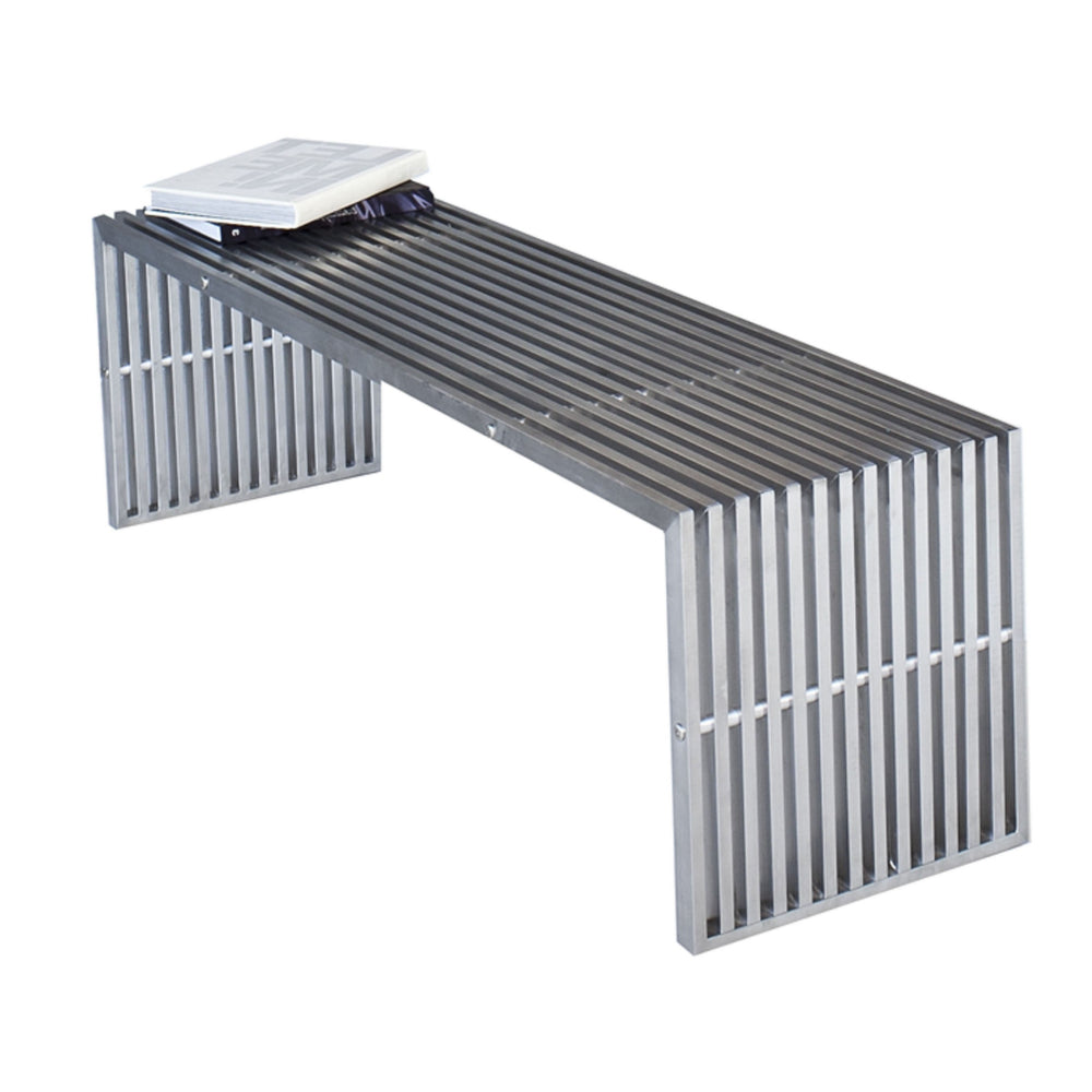 Niki 55 Inch Metal Bench, Slatted, Rectangular Shape, Brushed Silver Steel - BM315140