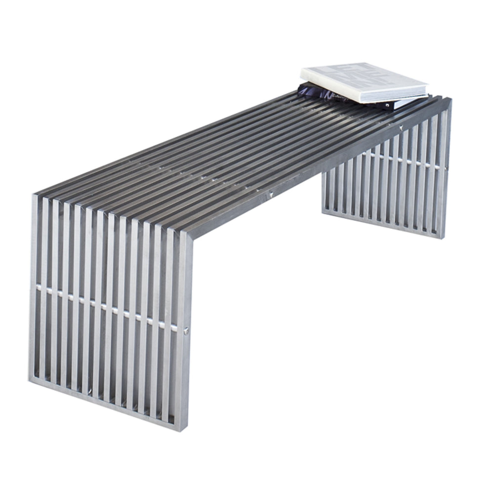 Niki 55 Inch Metal Bench, Slatted, Rectangular Shape, Brushed Silver Steel - BM315140