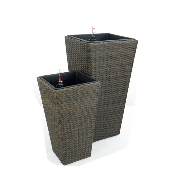Aly Tall Self Watering Planter Set of 2, Hand Woven Wicker, Espresso Brown - BM315158