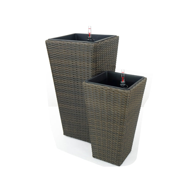 Aly Tall Self Watering Planter Set of 2, Hand Woven Wicker, Espresso Brown - BM315158