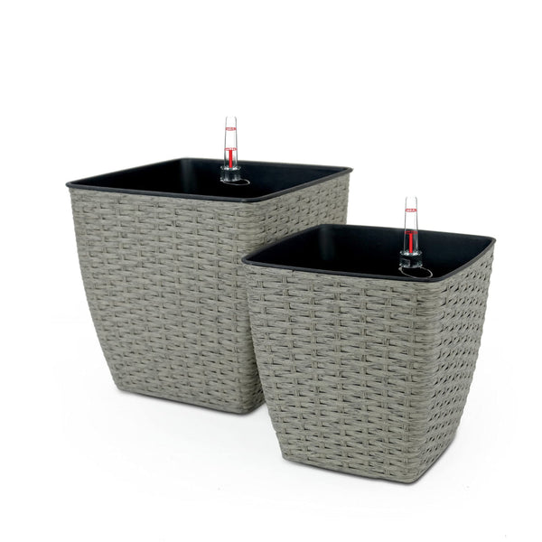 Aly Self Watering Planter Set of 2, Intricately Hand Woven Rattan, Gray - BM315160