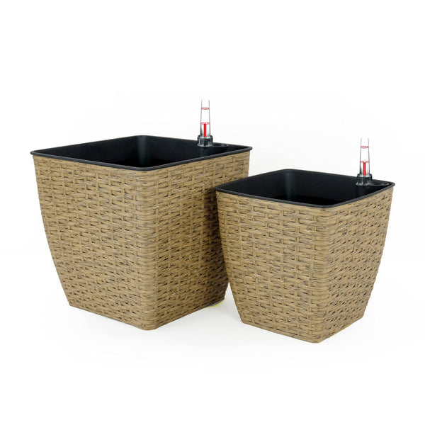 Aly Self Watering Planter Set of 2, Intricately Hand Woven Rattan, Brown - BM315161