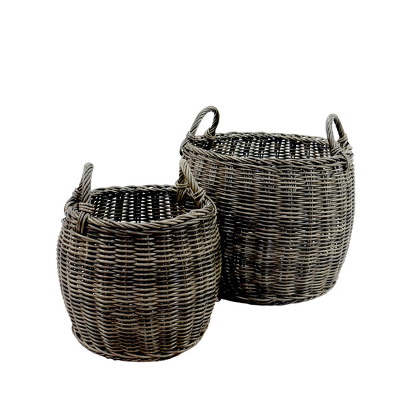 Storage and Laundry Basket Set of 2, Round Handles, Hand Woven Wicker, Gray - BM315162