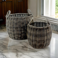 Storage and Laundry Basket Set of 2, Round Handles, Hand Woven Wicker, Gray - BM315162