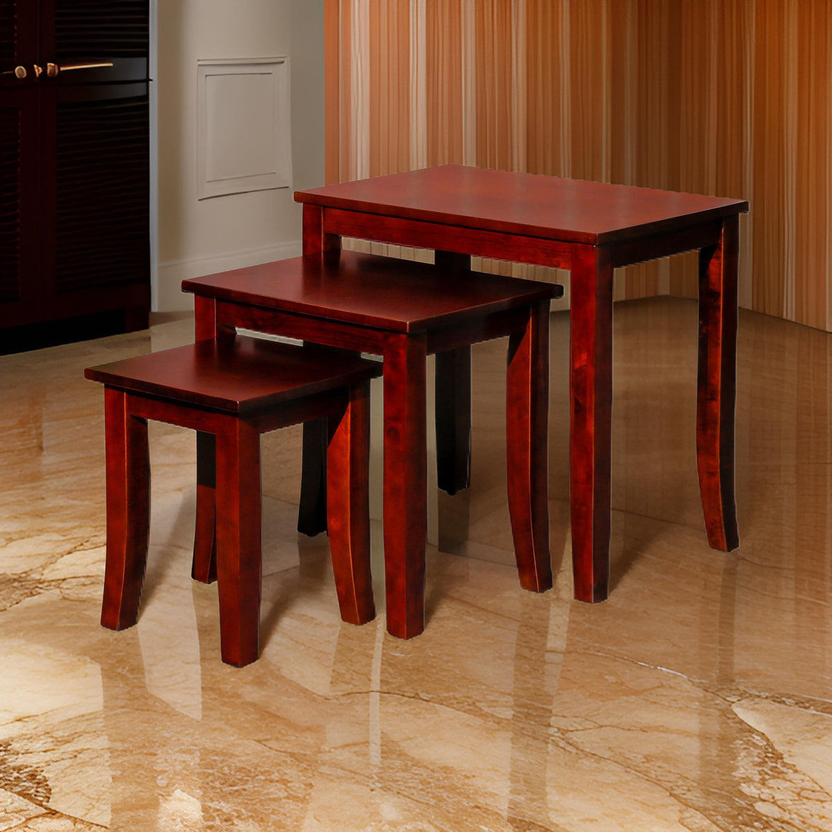 Yoni 3 Piece Nesting Side Table Set, Square, Flared Legs, Cherry Brown Wood - BM315164