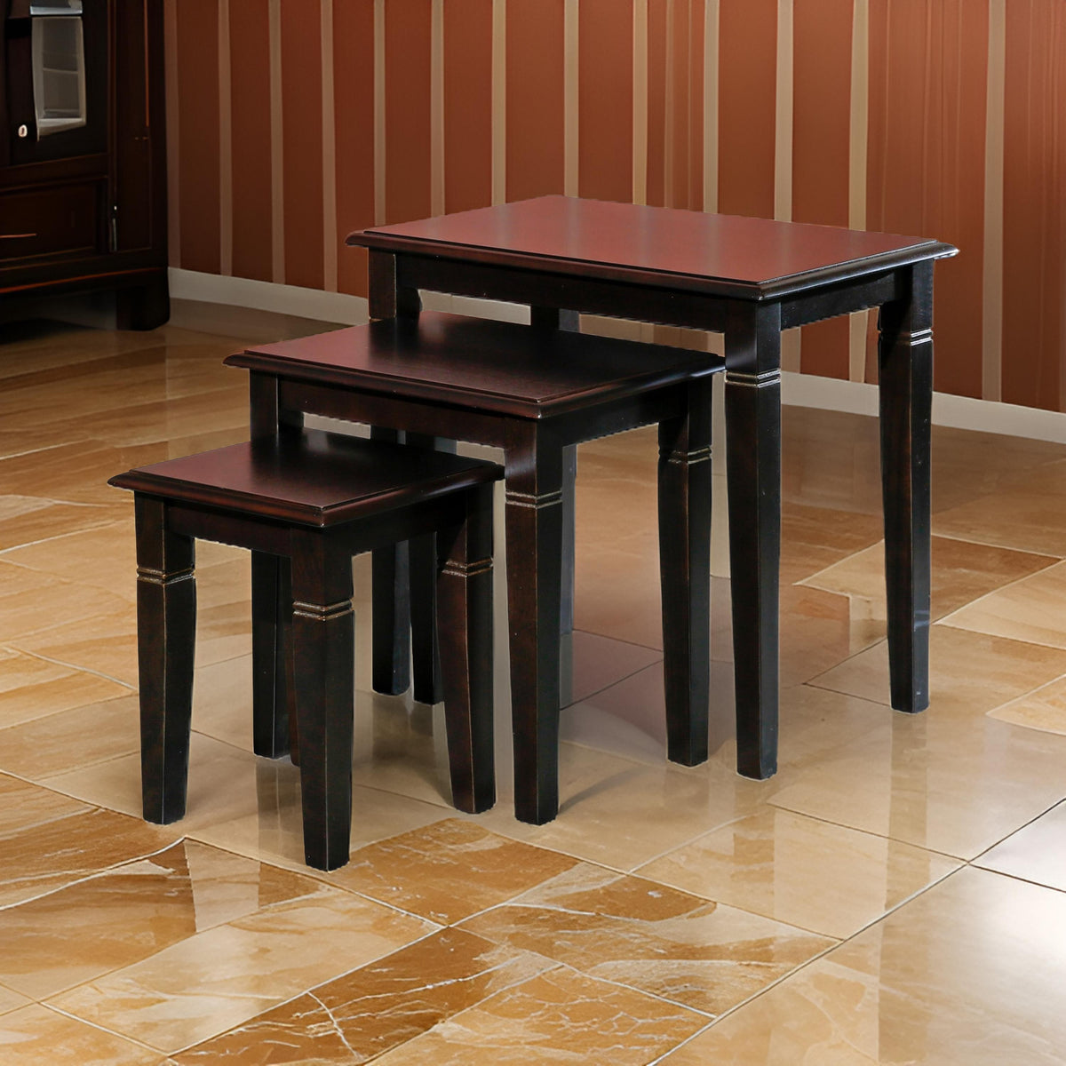 Yoni 3 Piece Nesting Side Table Set, Square, Flared Legs, Dark Brown Wood - BM315165