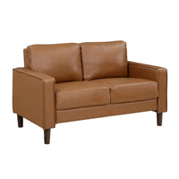 Stark 54 Inch Loveseat, Brown Faux Leather, Track Style Arms, Solid Wood - BM315170