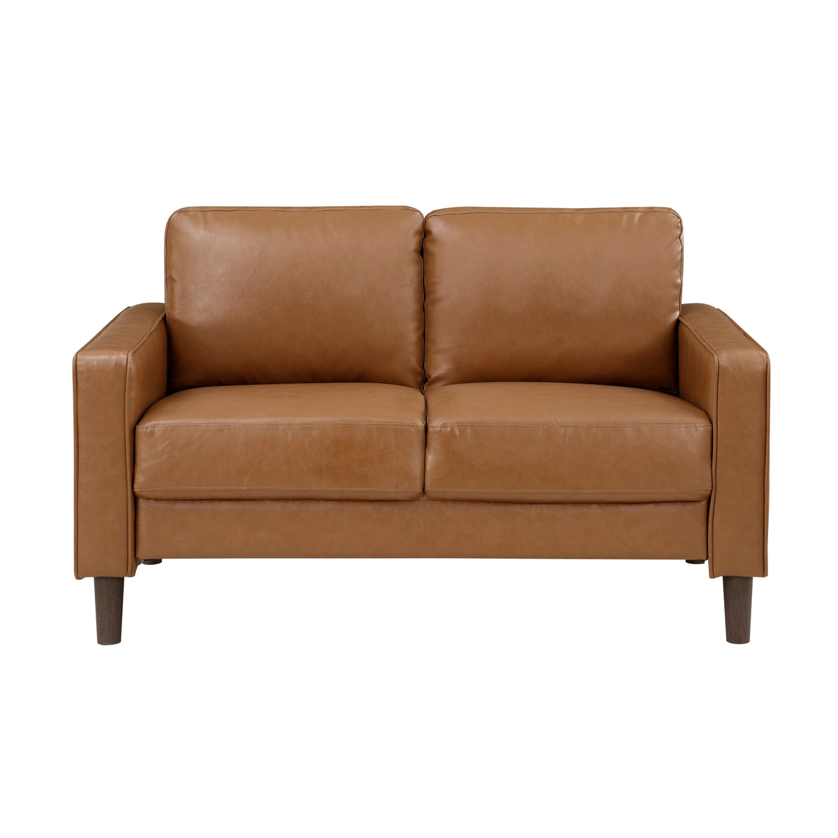 Stark 54 Inch Loveseat, Brown Faux Leather, Track Style Arms, Solid Wood - BM315170