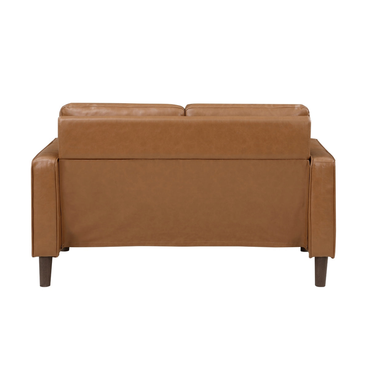 Stark 54 Inch Loveseat, Brown Faux Leather, Track Style Arms, Solid Wood - BM315170