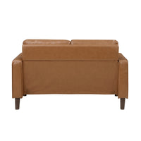 Stark 54 Inch Loveseat, Brown Faux Leather, Track Style Arms, Solid Wood - BM315170