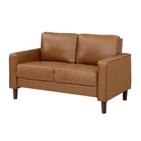 Stark 54 Inch Loveseat, Brown Faux Leather, Track Style Arms, Solid Wood - BM315170