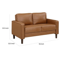 Stark 54 Inch Loveseat, Brown Faux Leather, Track Style Arms, Solid Wood - BM315170