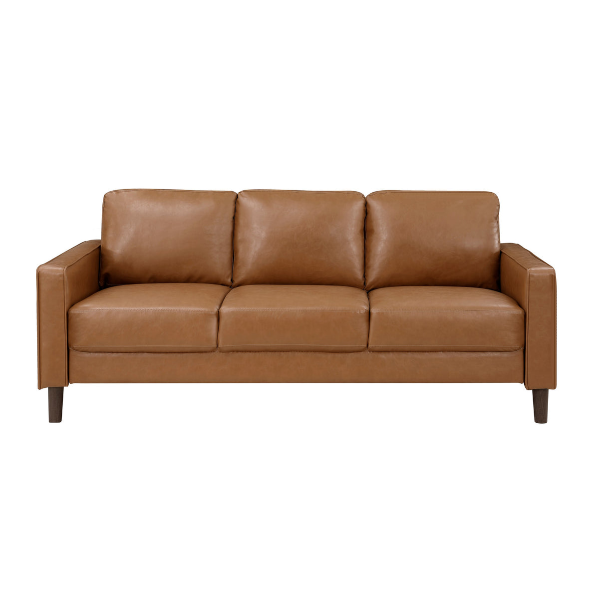 Stark 77 Inch Sofa, Brown Faux Leather, Track Style Arms, Solid Wood Frame - BM315171