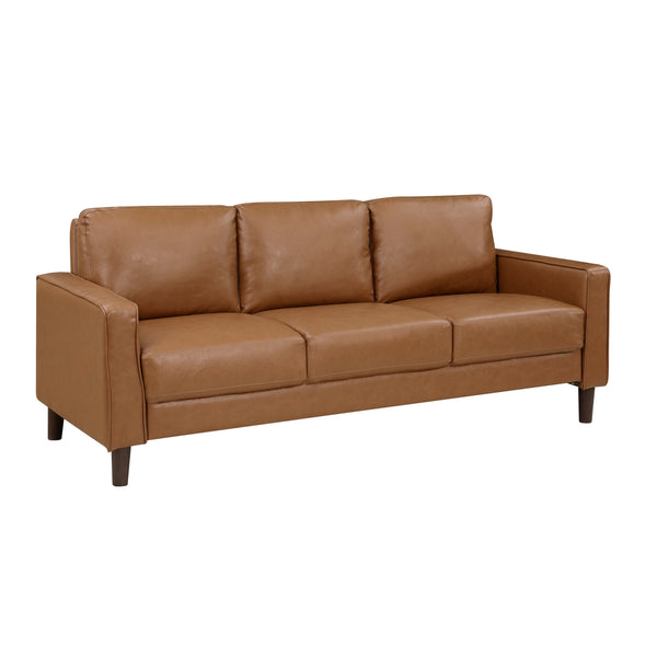 Stark 77 Inch Sofa, Brown Faux Leather, Track Style Arms, Solid Wood Frame - BM315171