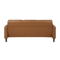 Stark 77 Inch Sofa, Brown Faux Leather, Track Style Arms, Solid Wood Frame - BM315171