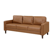 Stark 77 Inch Sofa, Brown Faux Leather, Track Style Arms, Solid Wood Frame - BM315171