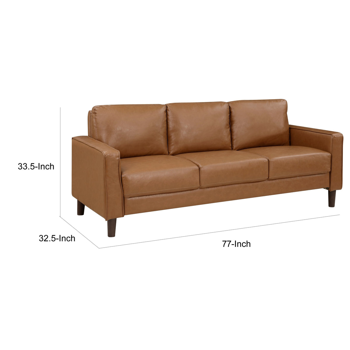 Stark 77 Inch Sofa, Brown Faux Leather, Track Style Arms, Solid Wood Frame - BM315171