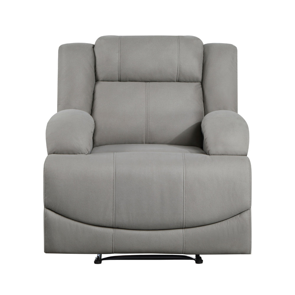 Kate 37 Inch Manual Recliner Chair, Cushions, Gray Microfiber, Solid Wood - BM315177