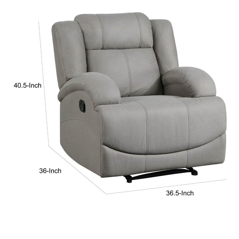 Kate 37 Inch Manual Recliner Chair, Cushions, Gray Microfiber, Solid Wood - BM315177