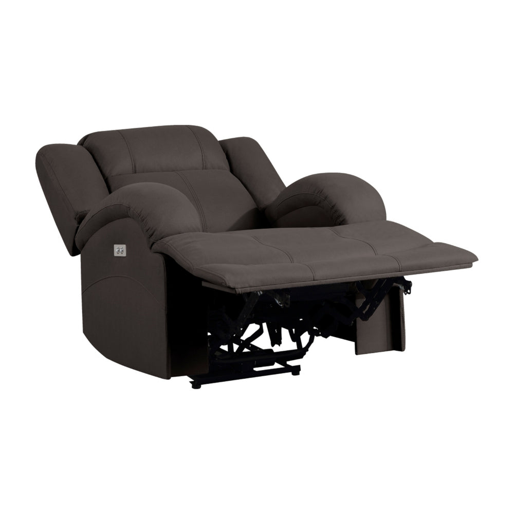 Kate 37 Inch Power Recliner Chair, USB, Brown Microfiber, Solid Wood - BM315178