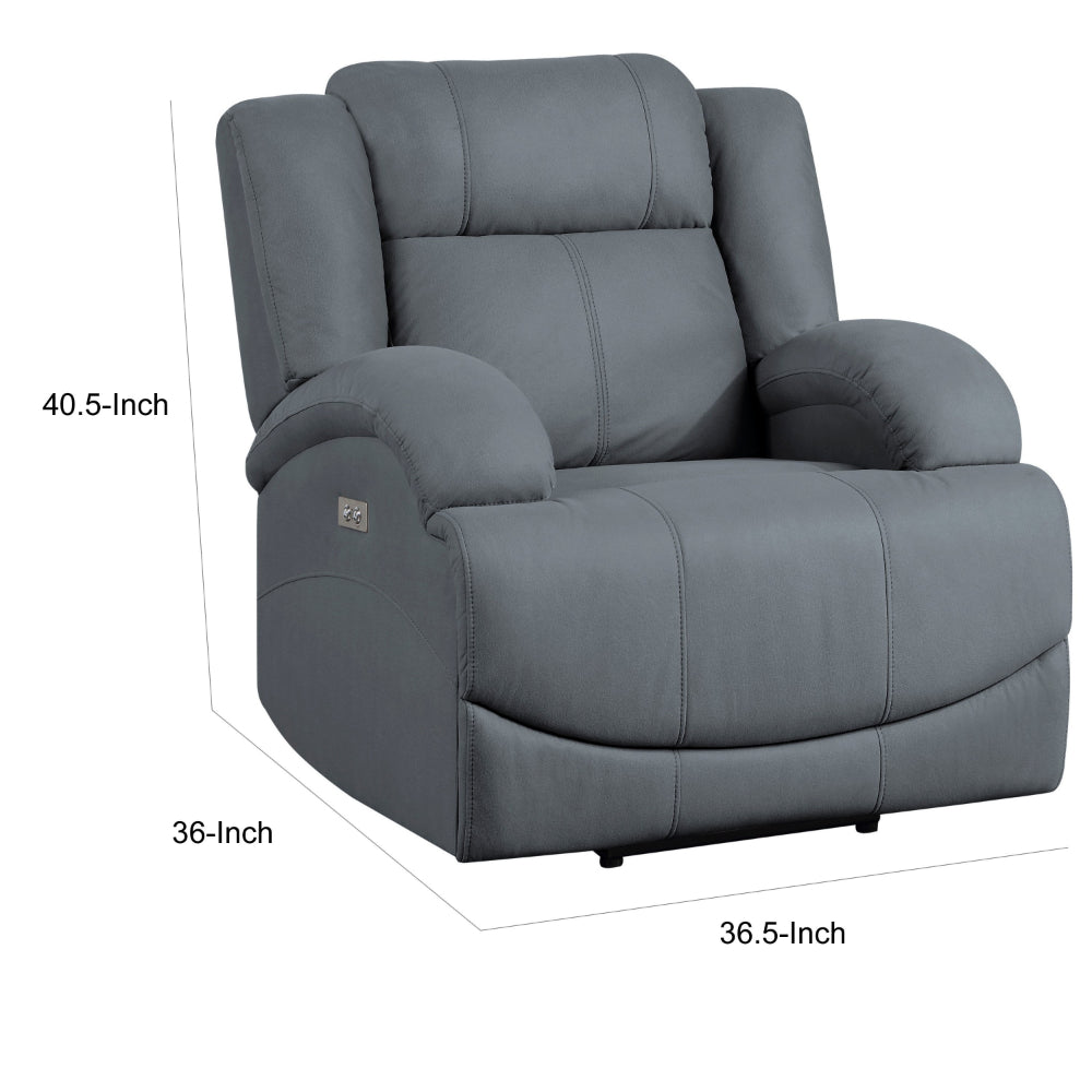 Kate 37 Inch Power Recliner Chair, USB, Blue Microfiber, Solid Wood - BM315179