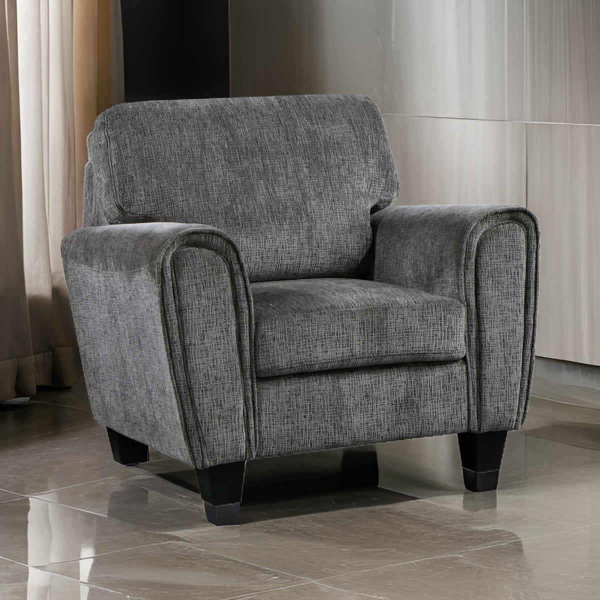 Lucy 37 Inch Accent Chair, Gray Chenille, Soft Cushions, Track Arms, Wood - BM315196